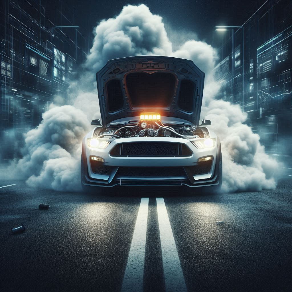 A realistic car in operation with smoke coming from the hood, no fire, just smoke, in the size of 1920x1080